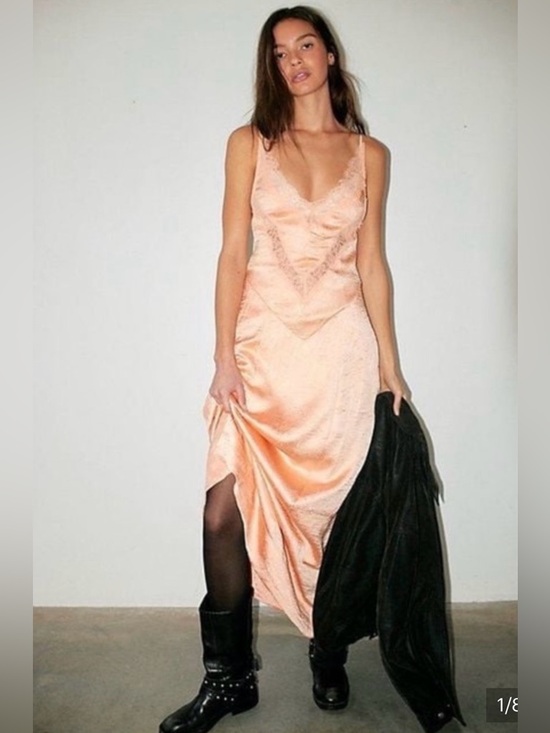 Free People Dresses & Skirts - Free People Maybe Forever Maxi Dress Lace Trim Crinkle Satin Peach Size 6